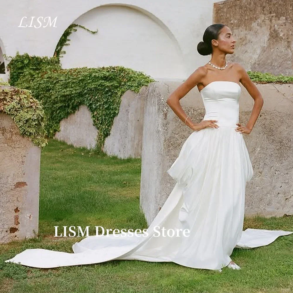 

LISM Simple Strapless Soft Satin Wedding Dresses Sweep Train Bridal Gowns Country Beach Vestidos de noiva Customized