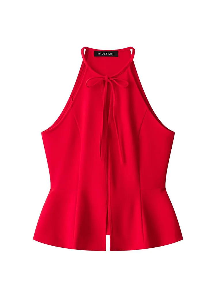 HH Women Summer Old Money Tailored Bright Red Halter Neck Top Self Tie Bow Front Split Peplum Hem Sleeveless Fitted Blouse