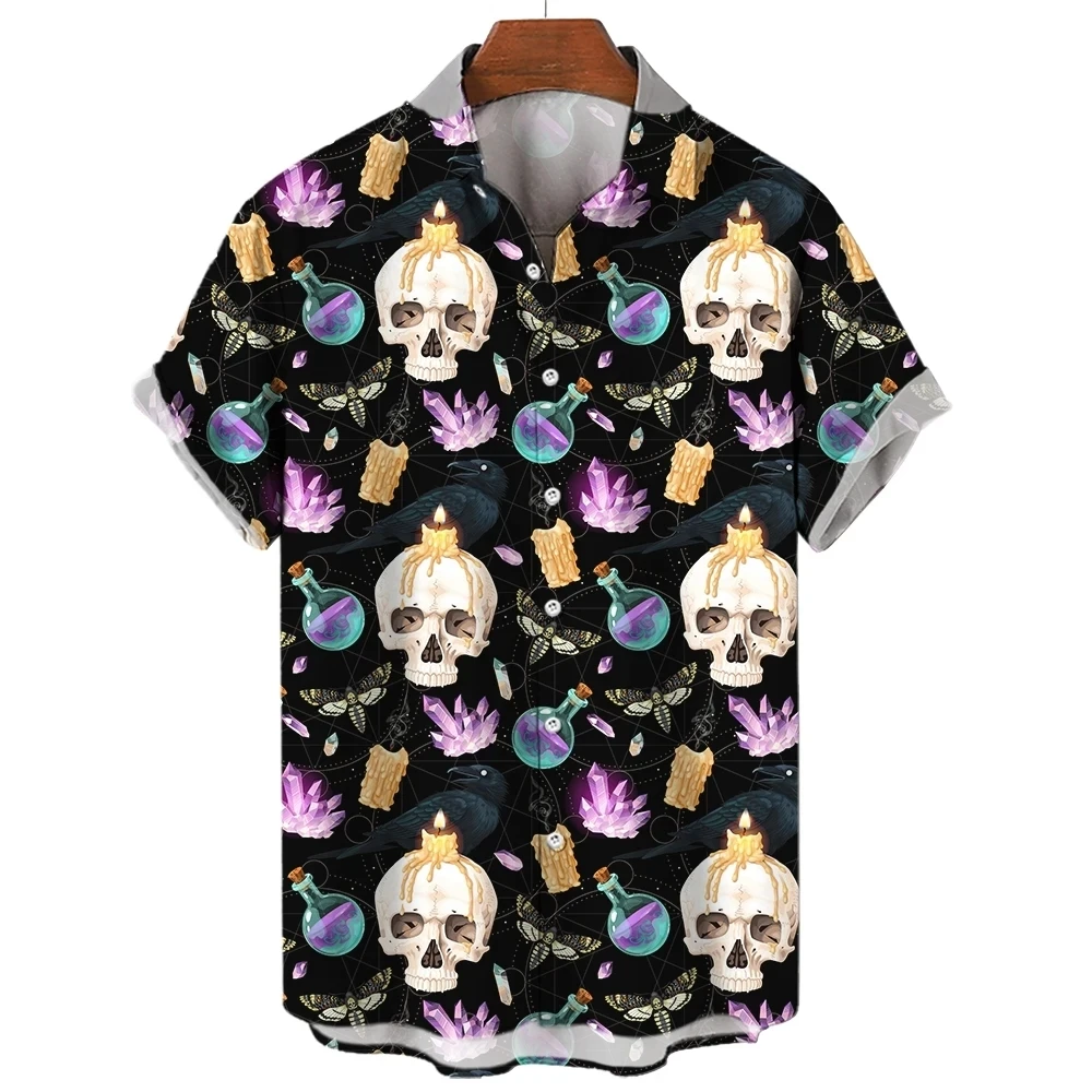 Magic Skull Men\'s Shirts Halloween Pumpkin Bird 3d Cat Print Summer Trendy Cool Fashion Beach Party Tops Short Sleeves Hawaiian