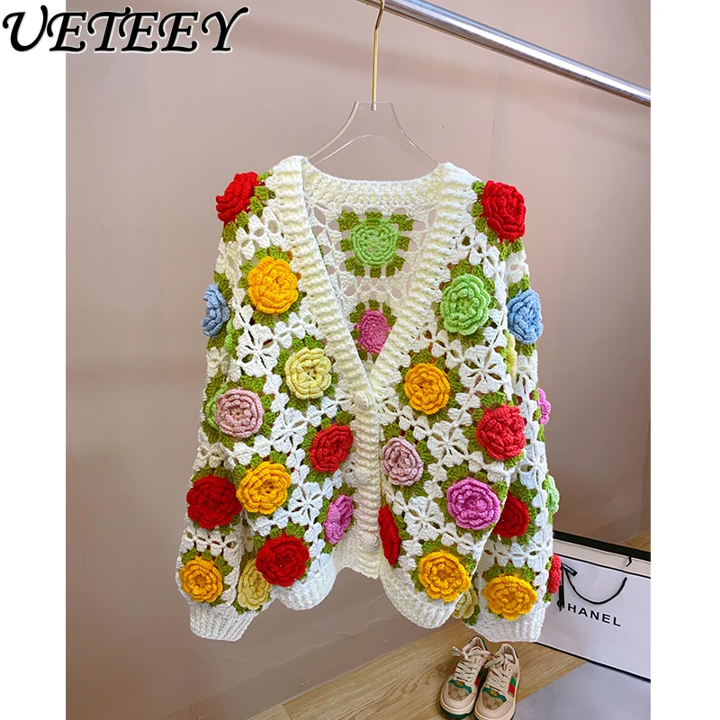 Handmade Three-dimensional Hollow Crochet Knitted Cardigan Sweater Femininity V-neck Sweet Colored Rose Sweater Jacket Coat Lady