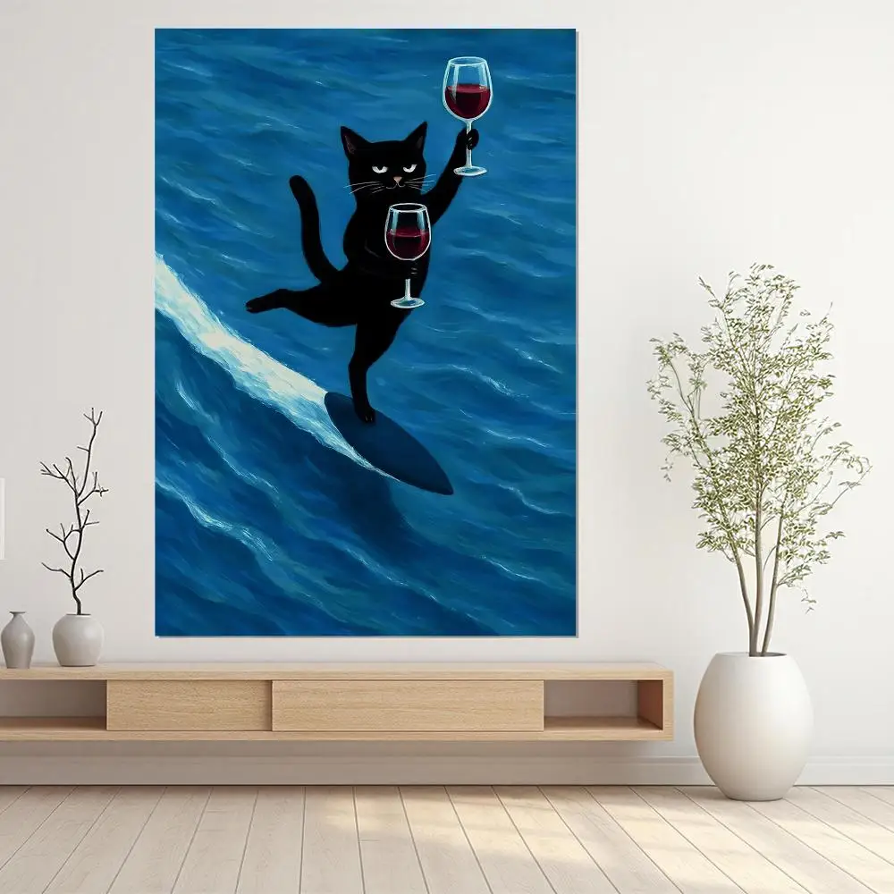 Bar Cart Cat Wine HD Wall Art Poster Retro Kitchen Mid Century Modern Cheers Trendy Home Decor Cat Lover Gift