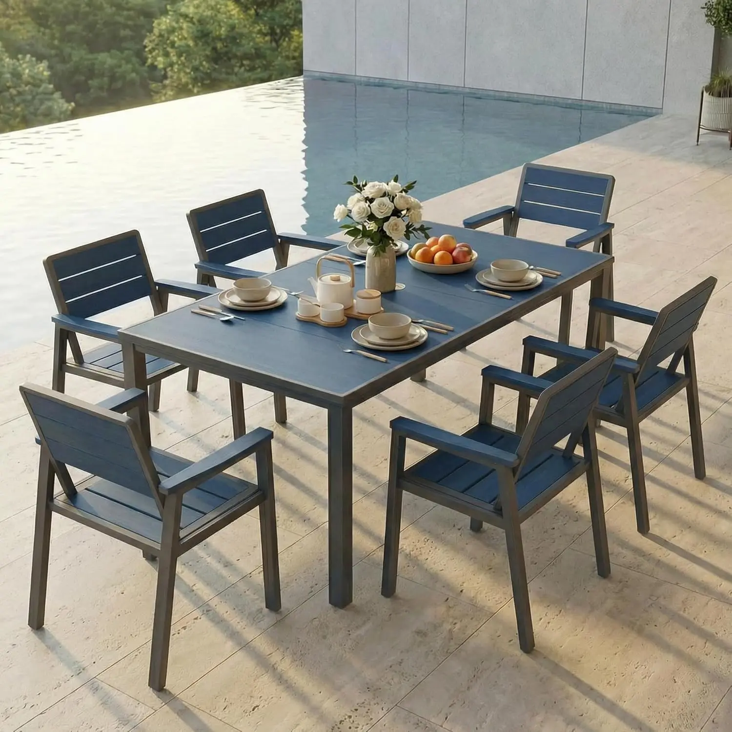 

7pc Patio Dining Set,Weatherproof HDPE Table & Chairs w/Umbrella Hole,Backyard Deck Lawn Poolside,Blue,Customized