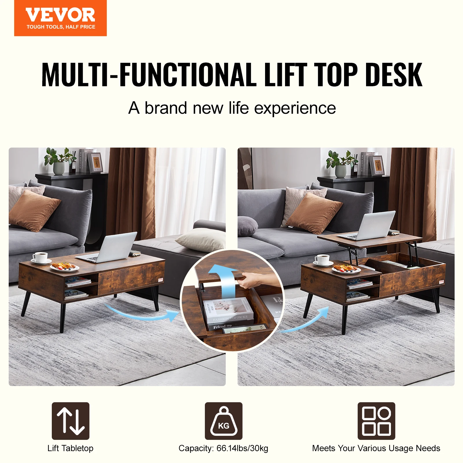 VEVOR Lift Top Coffee Table Round Rectangle Table with Extra Storage Pockets Pop Up & Flipable Coffee Table for Living Room