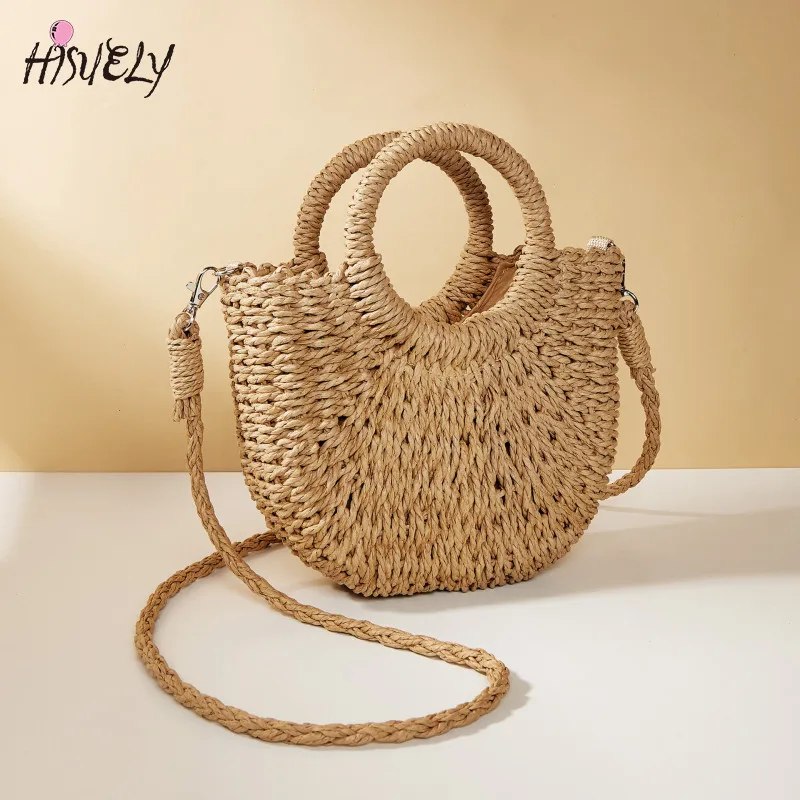 

Простая пляжная сумка ручной работы из соломенного ротанга в форме полумесяца, новинка 2025, большая вместительная женская летняя полая сумка через плечо