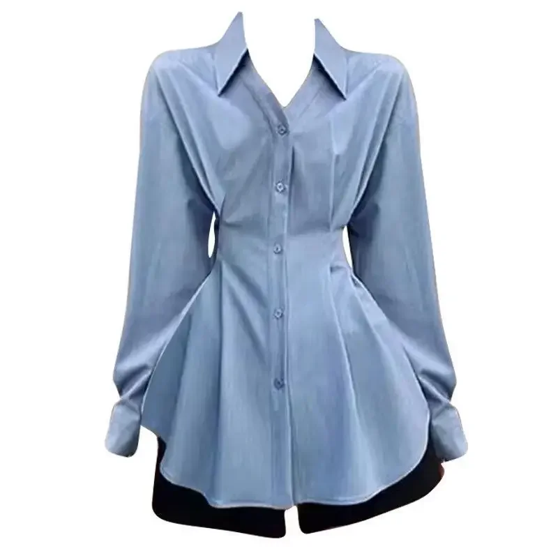 

Slimming Long Sleeve Shirt Women Elegant Polo Collar Waist Cinched French Style Top plus Size Fashionable Autumn Wear