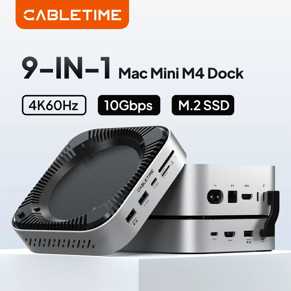 Док-станция CABLETIME 9 в 1 для Mac Mini M4 с разрешением 4K@60Hz, быстрой передачей данных 10 Гбит/с, поддержкой M.2 SSD, SD/TF 4.0 и огромным объемом памяти до 8 ТБ