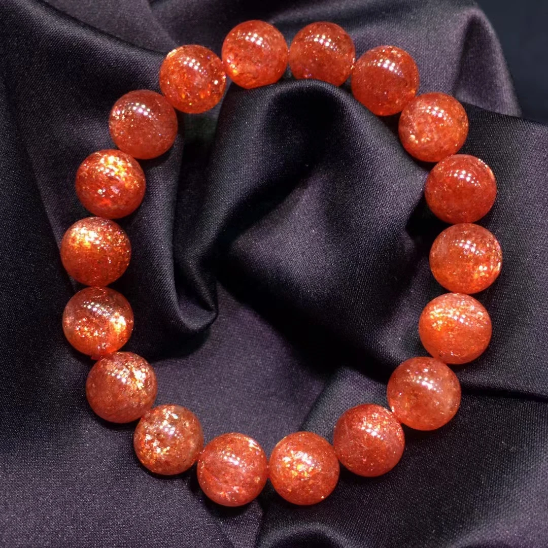 11.5mm Natural Gold Strawberry Sunstone Quartz Crystal Woman Bracelet Red Super 7 Round Beads  Stretch AAAAA Genuine