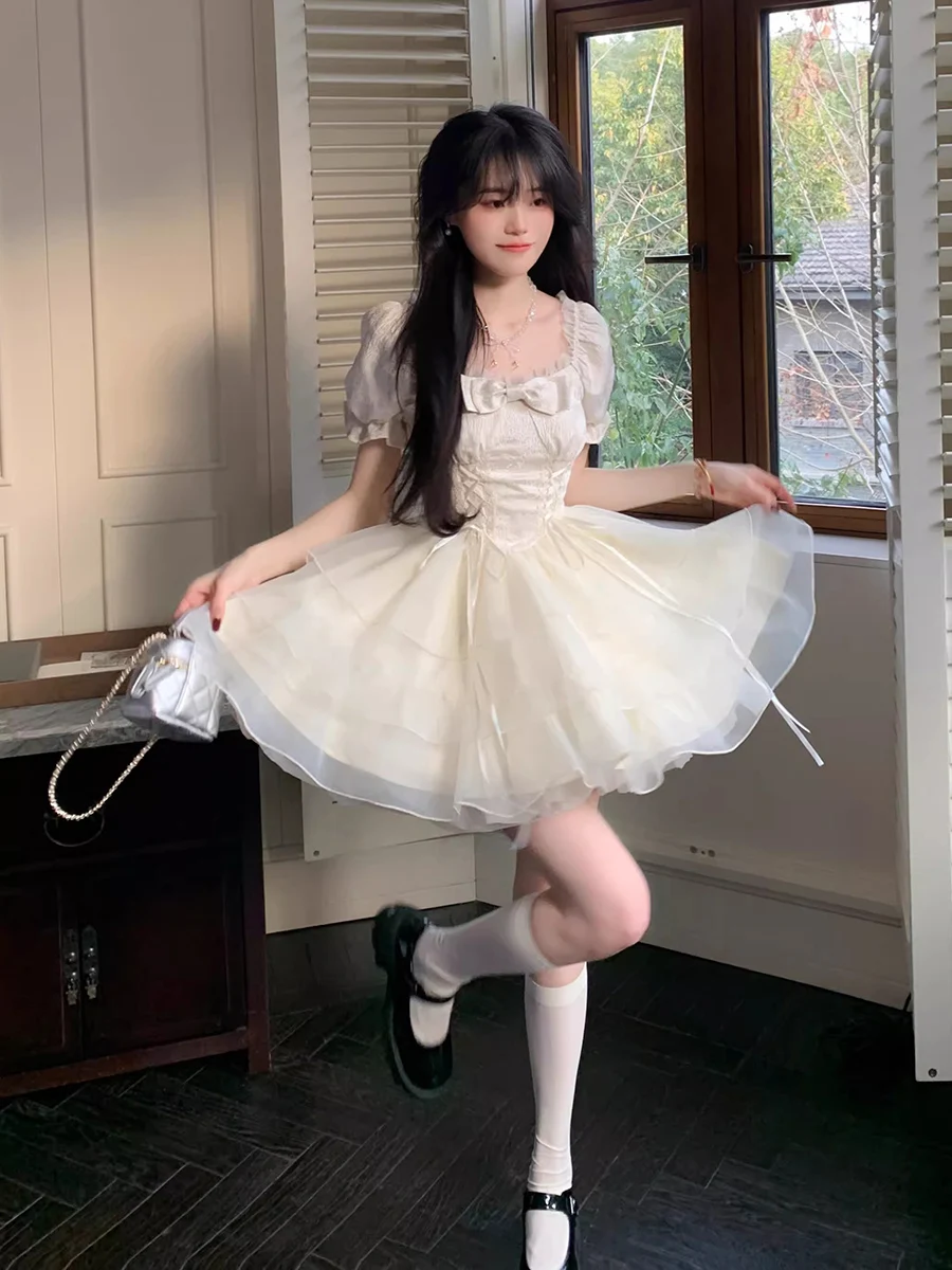 ReddaChic-vestido com cadarço com cadarço para mulheres, manga curta, plissado em camadas, laço, mini vestido de princesa, vestido Lolita Tutu, verão