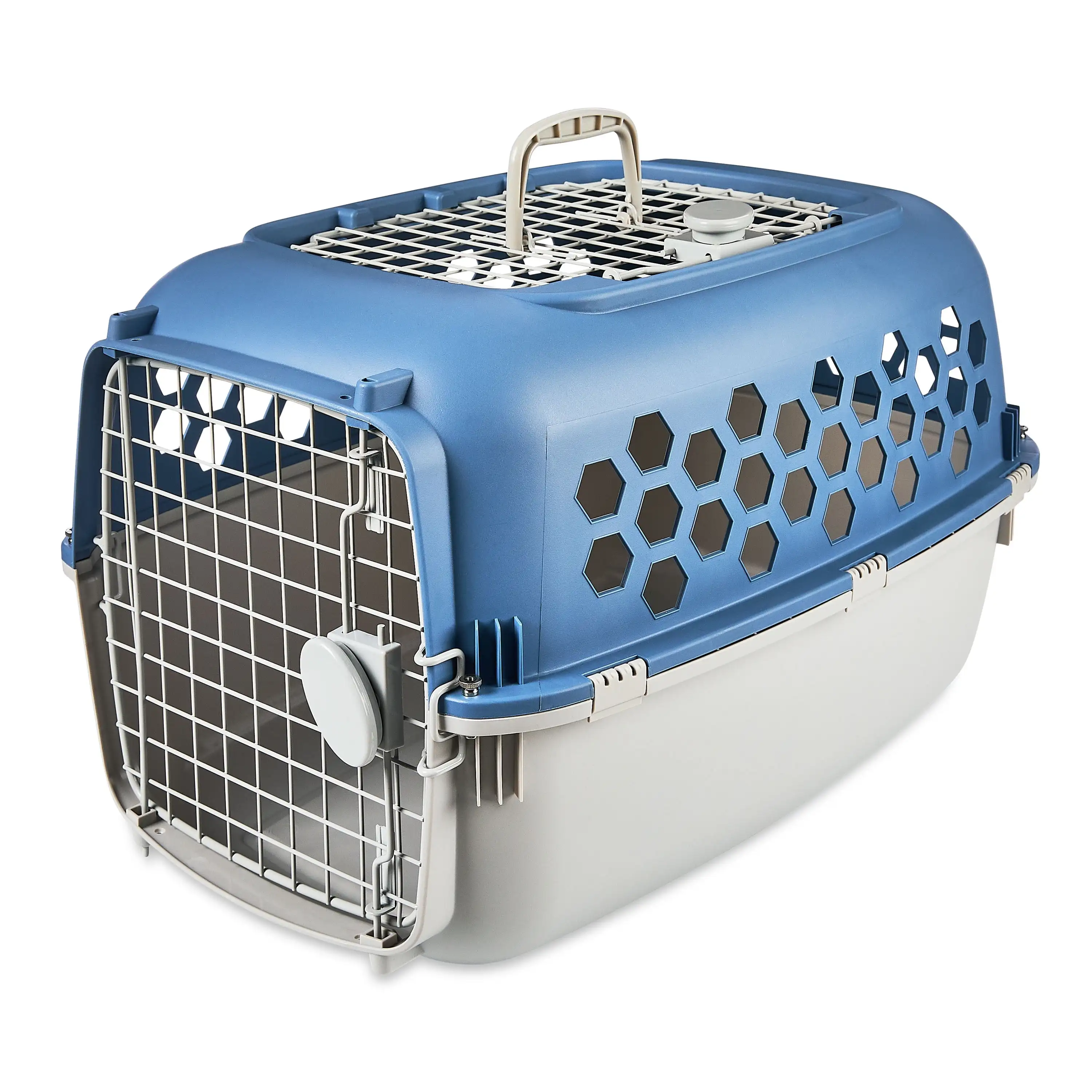 Double Door Dog Kennel with Top Opening Multicolor 24 in Features A Neutral Blue Top with A Gray Top Handle