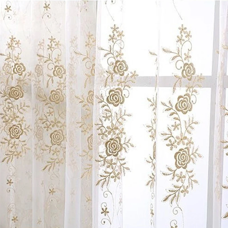 

European Elegant Golden Rose Embroidered Sheer Curtain White Transparent Window Screen Rod-Hook For Living Room Bedroom Balcony