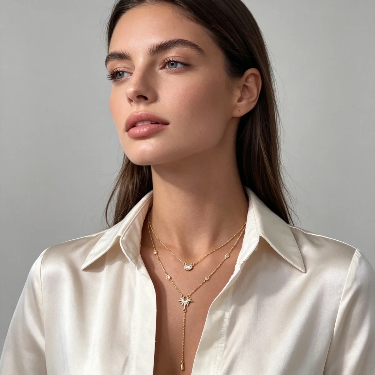 Doppelschichtige Strass-Geometrische Sonnenanhänger-Halskette in Y-Form für Frauen, Eleganter Rhombischer Sonnenblumen-Choker, Partyschmuck – Detail 16