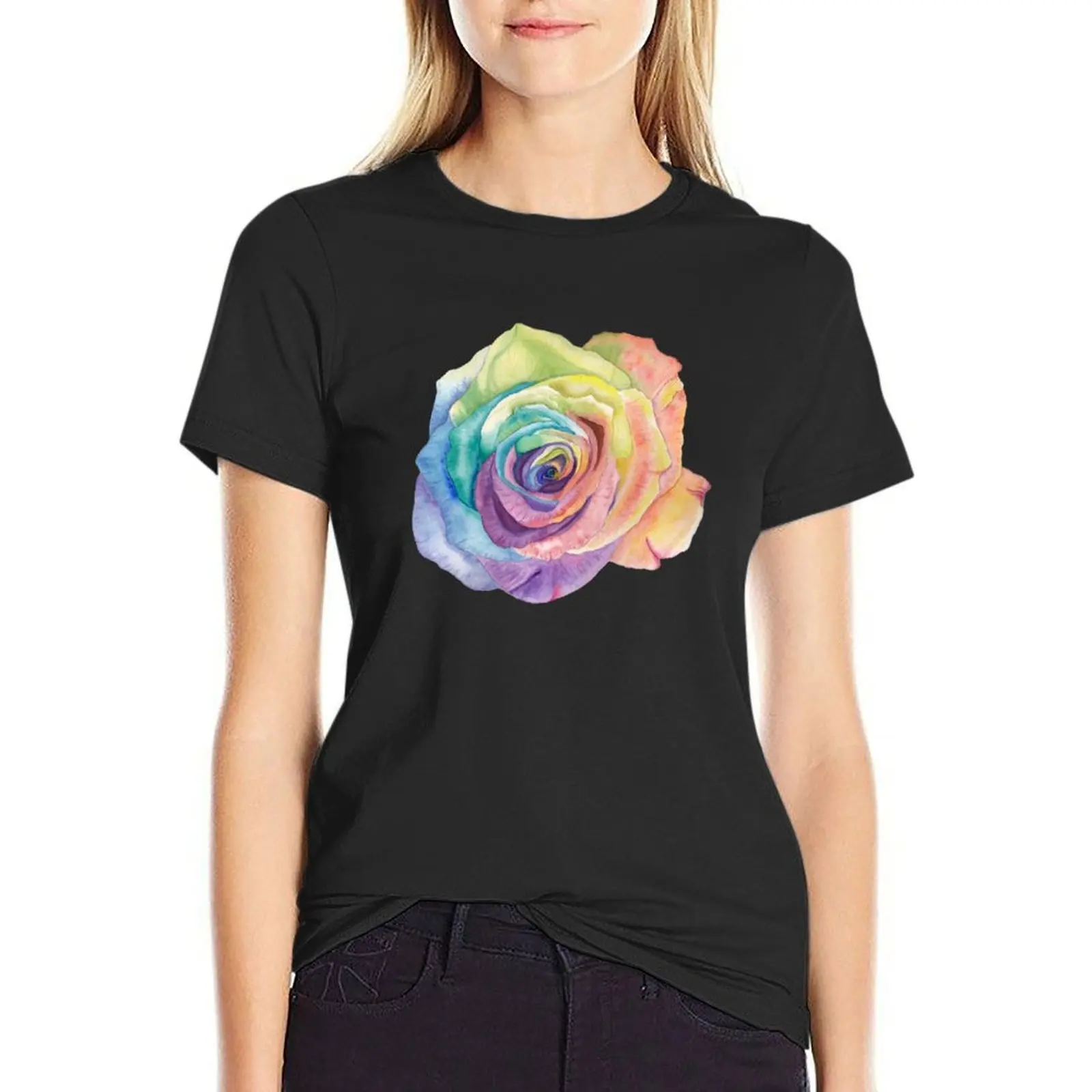 Rainbow Rose Print T-Shirt graphics oversized funny summer clothes t shirts for Womens