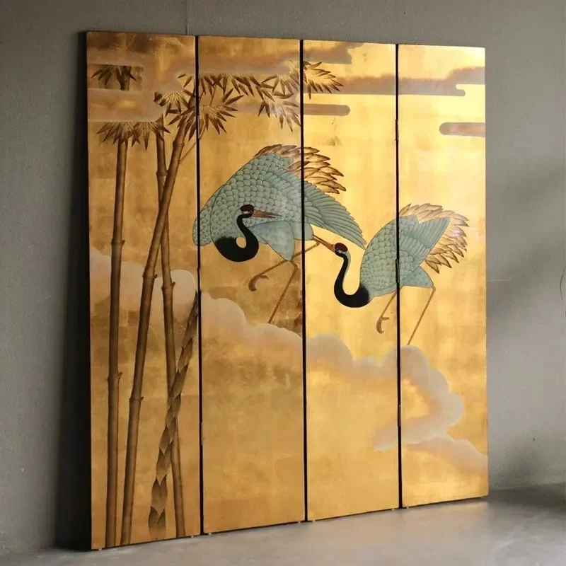 Retro Chinese Crane Gold Foil Fabric Screen Folding Room Divider for Entryway Living Room Door Blocking Decorative Partition
