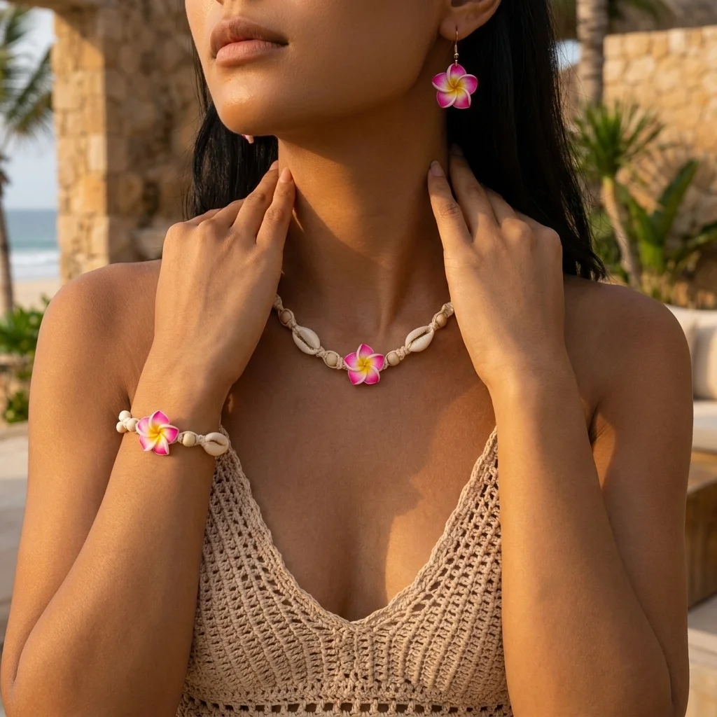 Böhmische Imitationsmuschel-Choker-Halskette für Damen, weicher Tonblumen-Anhänger, handgewebtes Seilarmband, Ohrring-Anhänger, Schmuckset – Detail 2