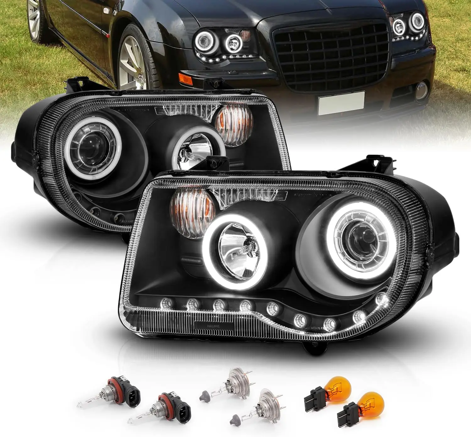 

Для Chrysler 300C 2005-2010 гг., черная сменная фара в сборе, галогенный проектор Extreme Dual LED Halo с парой лампочек-пассажирский