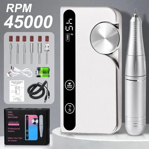 Taladro de uñas recargable de 45000RPM, máquina profesional de pulido de uñas de bajo ruido, adecuada para herramienta de pulido de esmalte de uñas de Gel