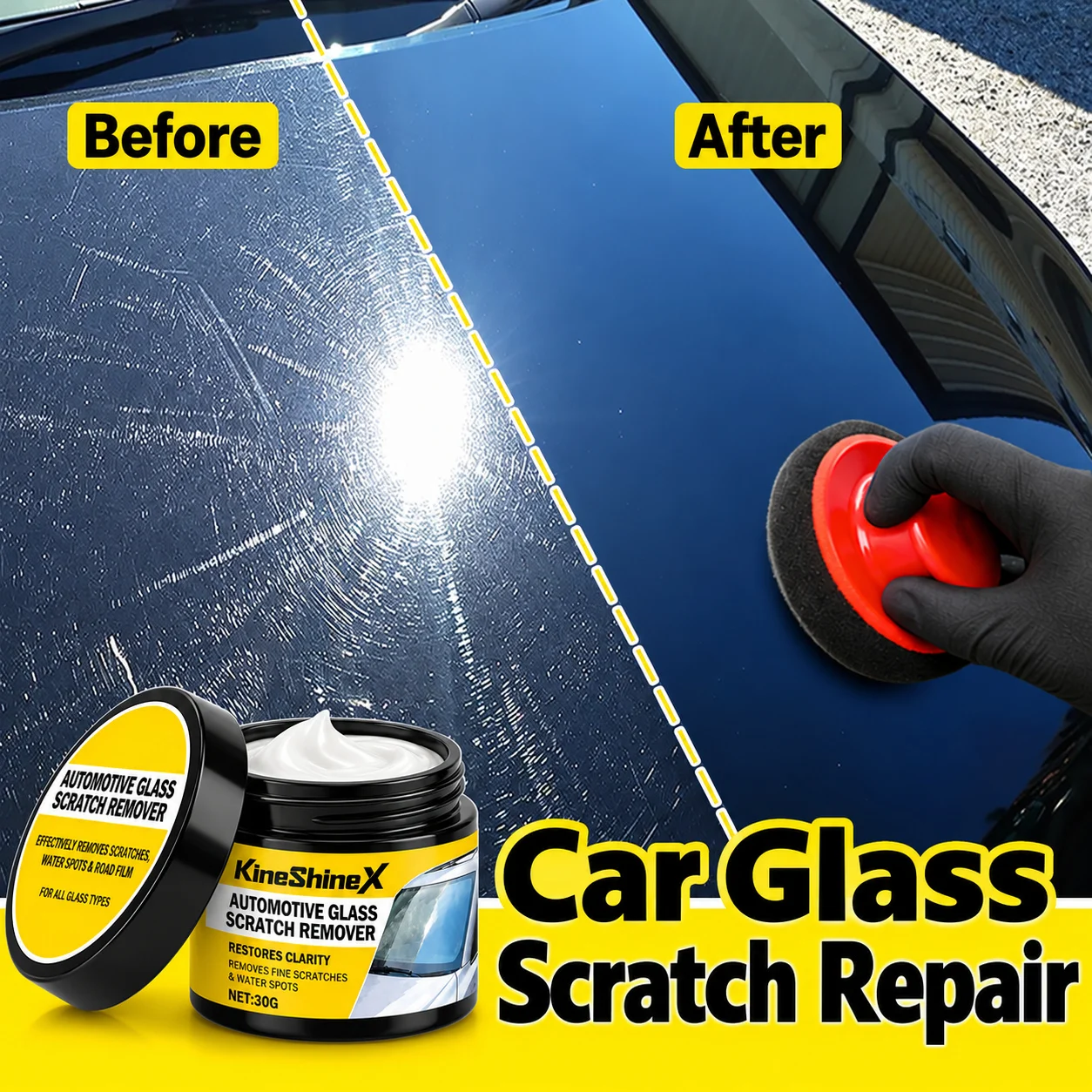 Glass scratch repair wax, used to fix and polish scratches on car windshields, glass doors, and windows