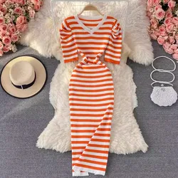 YuooMuoo Women Dress 2024 Summer Casual All Match Puff Sleeve Stripes Knitted Long Dress Female Bodycon Outfits Vestidos