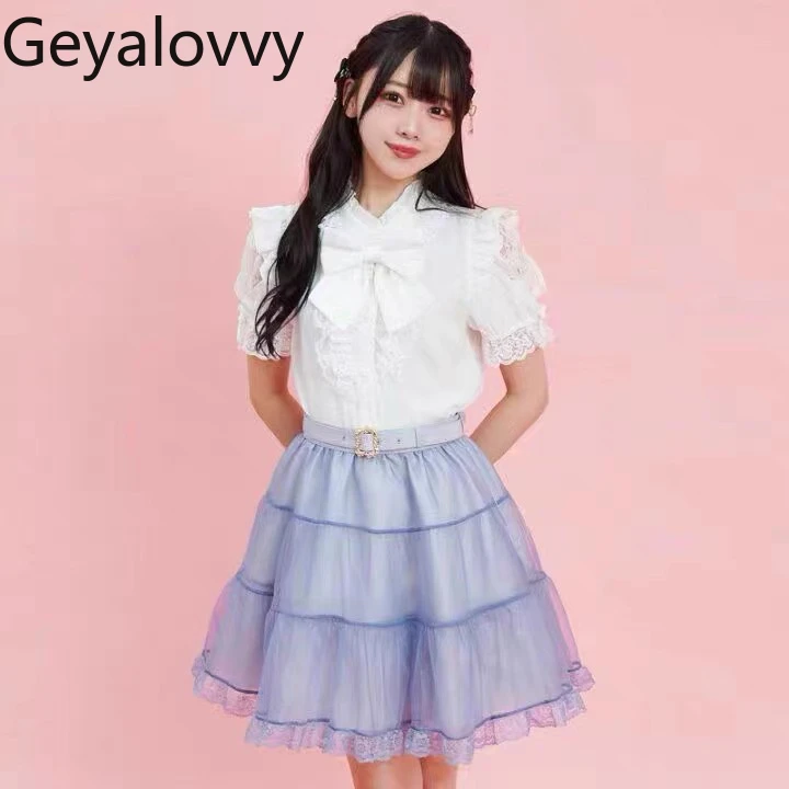 

Japanese Style SC Lolita Sweet Cute Girl Lace Skirt Summer New Versatile Solid Color High Waist A- Line Short Skirts with Belt