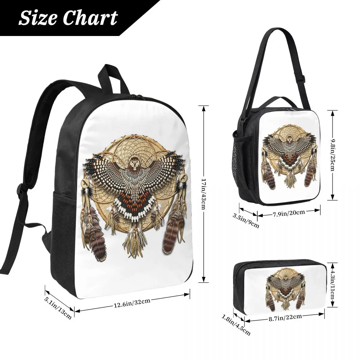 Red-Tail Hawk Dreamcatcher Mandala Backpack BookBag School Bag Computer Shoulder Bags 3ps Insulated Lunch Bag Pencil Case
