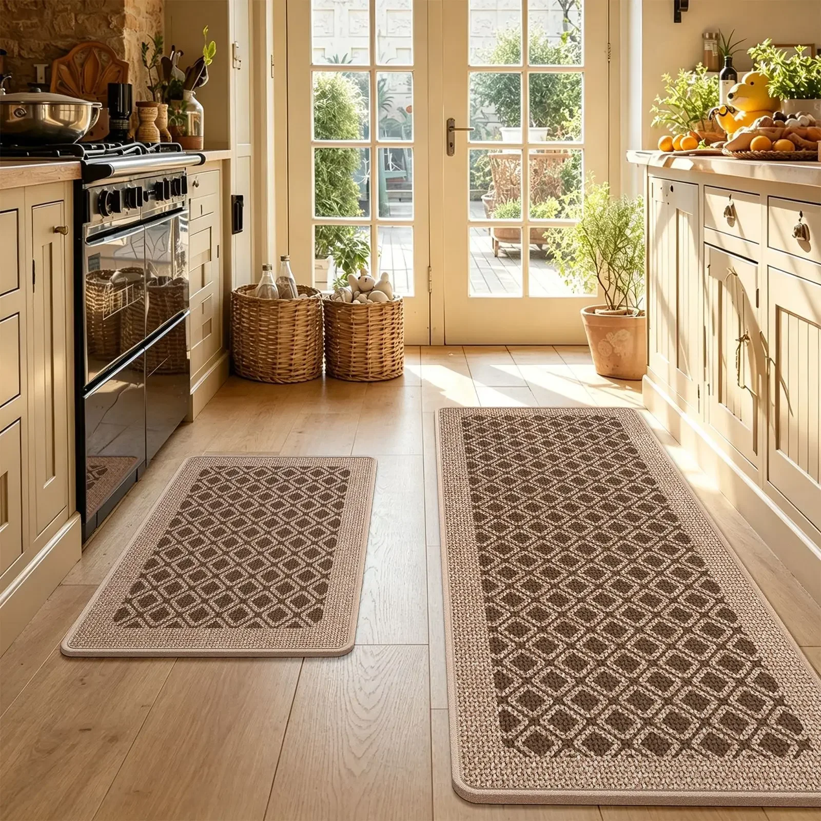 Geometric Plaid Linen Kitchen Rug, Long Hallway Floor Mat, Absorbent Oil Absorbing, Dirt Wear Resistant, Rubber Non Slip Backing