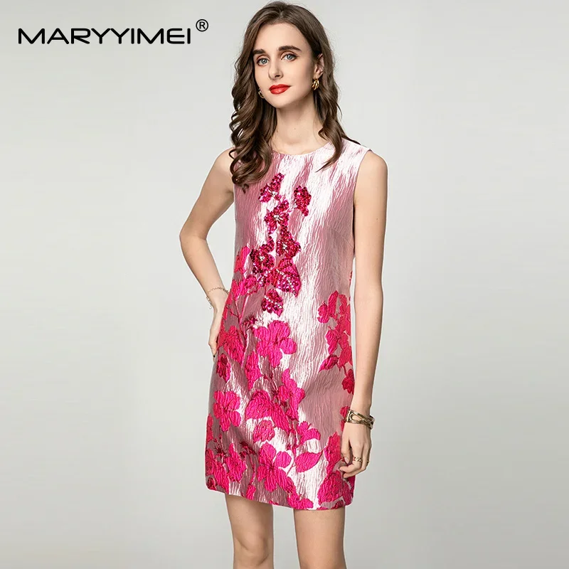 MARYYIMEI 봄과 여름 새로운 여성 드레스 민소매 자카드 구슬 장식 슬림 맞는 짧은 드레스