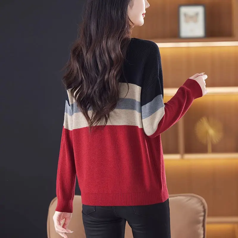 Women's Clothing Autumn Winter Round Neck Screw Thread Pullover Long Sleeve Sweater Knitted Casual Fashion Contrast Color Tops