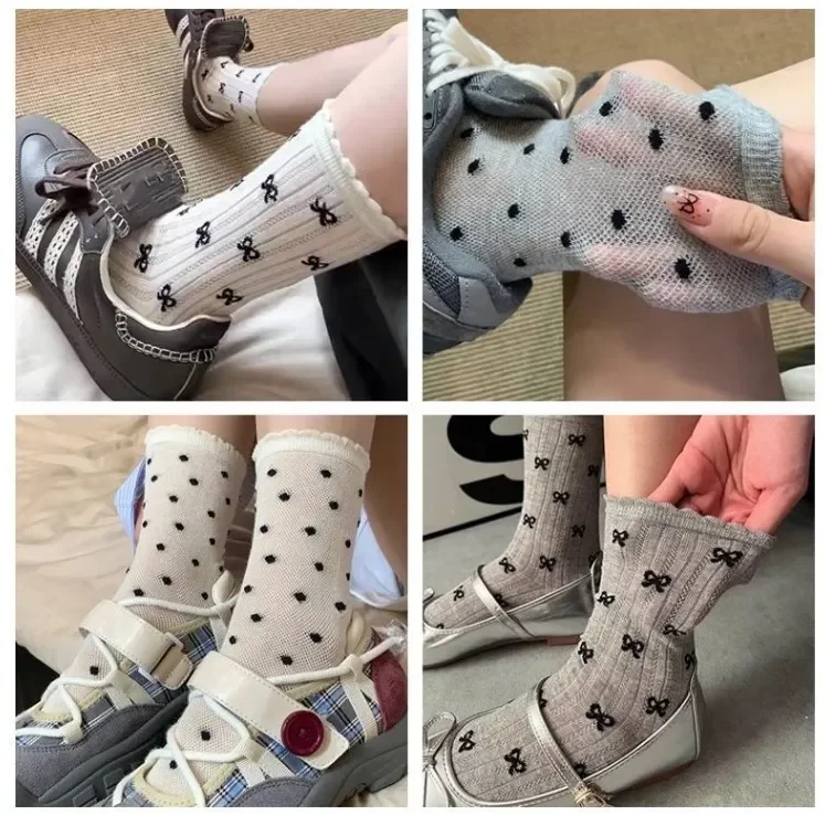 Japanische Aushöhlen Lange Socken Frauen Mädchen Spitze Süße Bogen Socke Casual Crew Lose Sox Streetwears Sommer Dünne Mid-rohr Strümpfe