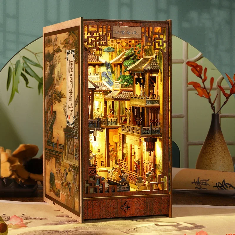 NEW DIY Wooden Book Nook Shelf Insert Miniature Building Kits Bookshelf Chinese Ancient Town Bookends Handmade Crafts Gifts