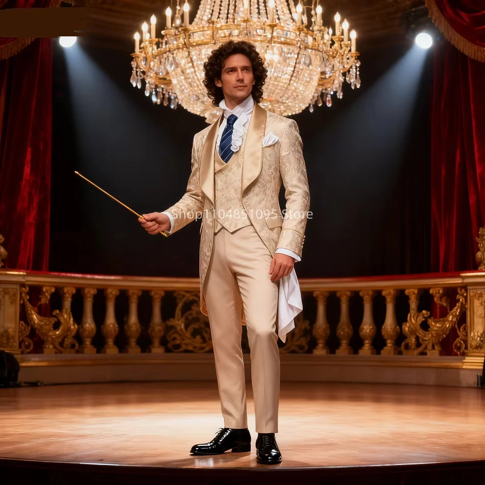 

New 3PCS Champagne Jacquard Men Wedding Suits Tailcoat Shawl Lapel Blazer Vest Pants Slim Fit Suits For Party Stage Performance