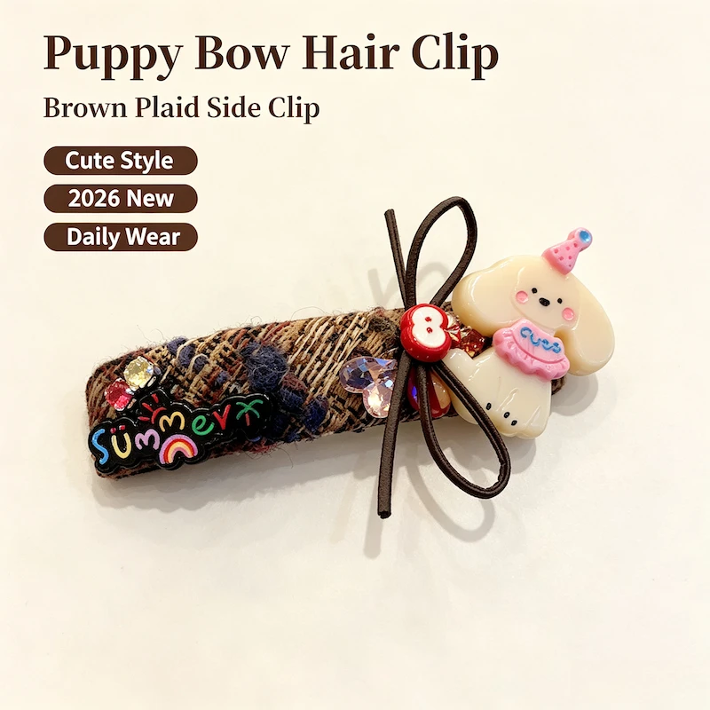 2026 Cute Puppy Bow Hair Clip Elegant Brown Plaid Side Clip Cartoon Sweet Versatile Hair Accessory for Women