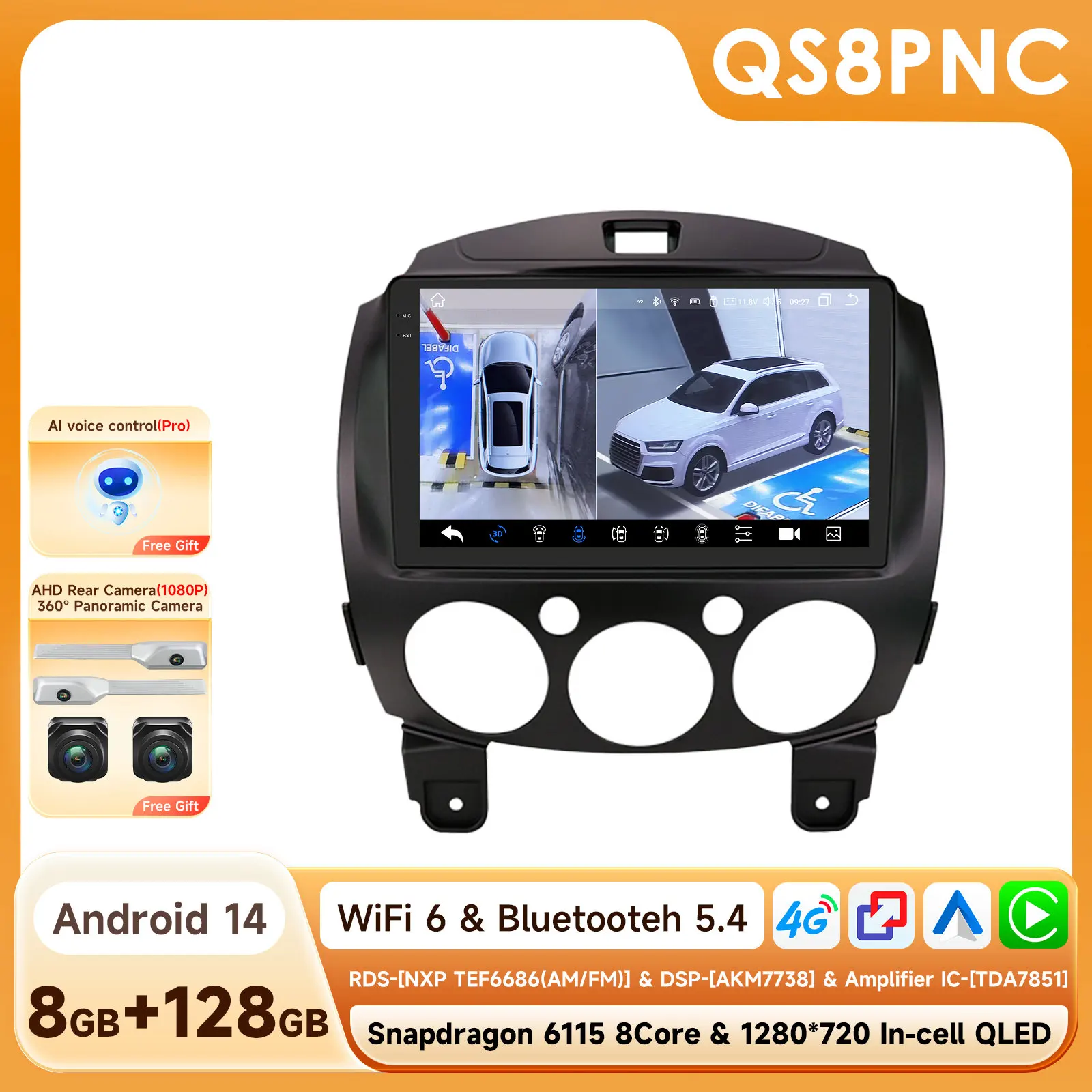 Auto Multimedia Video Player voor MAZDA 2 2007-2014 Android 14 DSP Carplay Stereo GPS Navigatie 2din BT 4G 9 ''door Snapdragon 6115