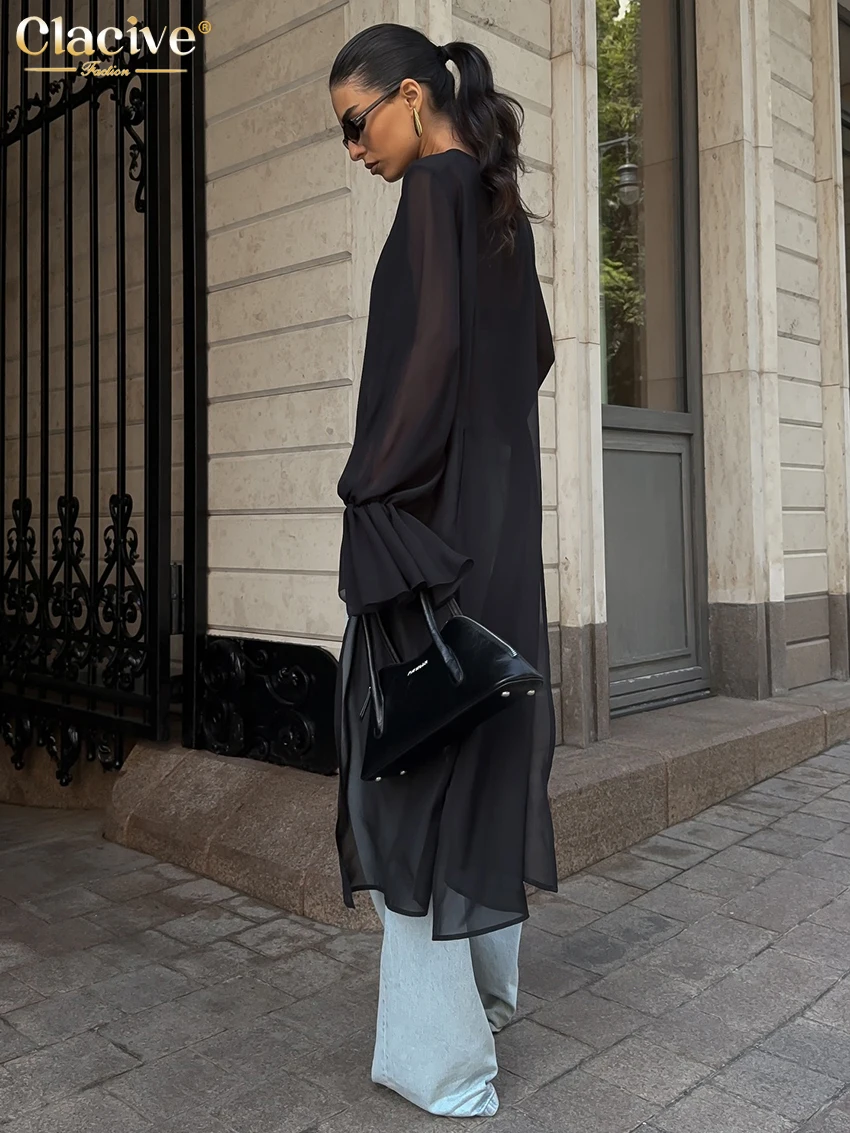 Clacive موضة فضفاضة قميص نسائي أسود 2025 عادية س الرقبة طويلة الأكمام سيدة قميص أنيق كلاسيكي قمة صلب الملابس النسائية