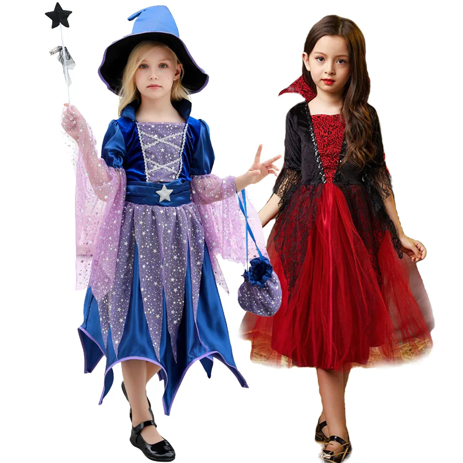 Children Witch Costume Kids Princess Birthday Fancy Clothes Girls Cosplay Halloween Elegant Dress Hat Vampire Christmas Fantasy