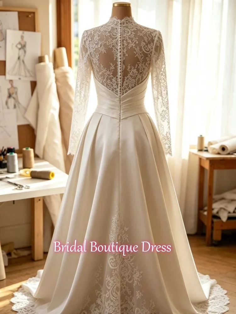 

Свадебное платье класса люкс с высоким воротником, кружевом и атласом, съемное, А-силуэт, с шлейфом-катедрал, Vestido De Novia, комплект из 2-х частей