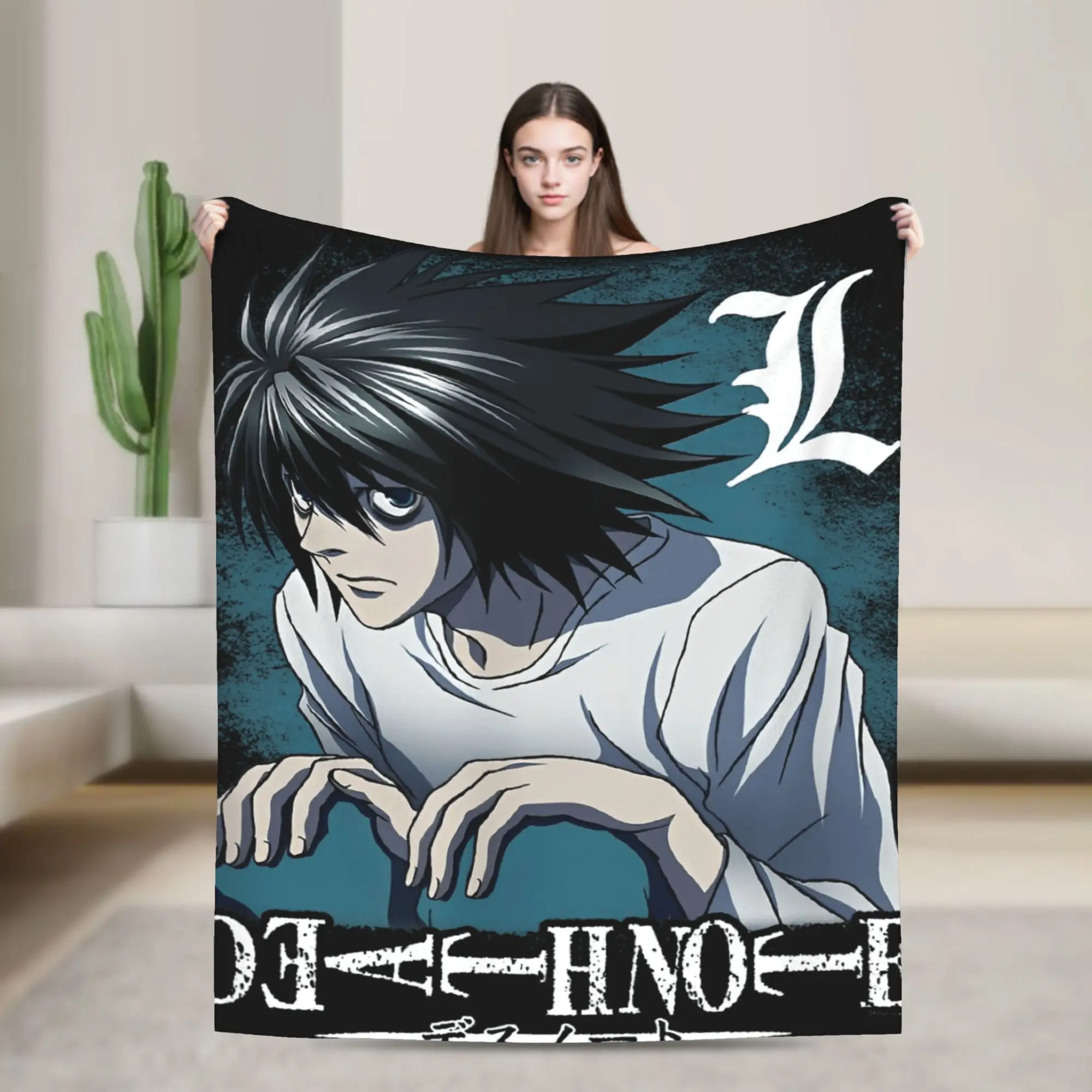 Manta Death Note L agachado y con logotipo, manta cálida de felpa de tendencia urbana para viajes al aire libre, colcha de franela, funda de cama