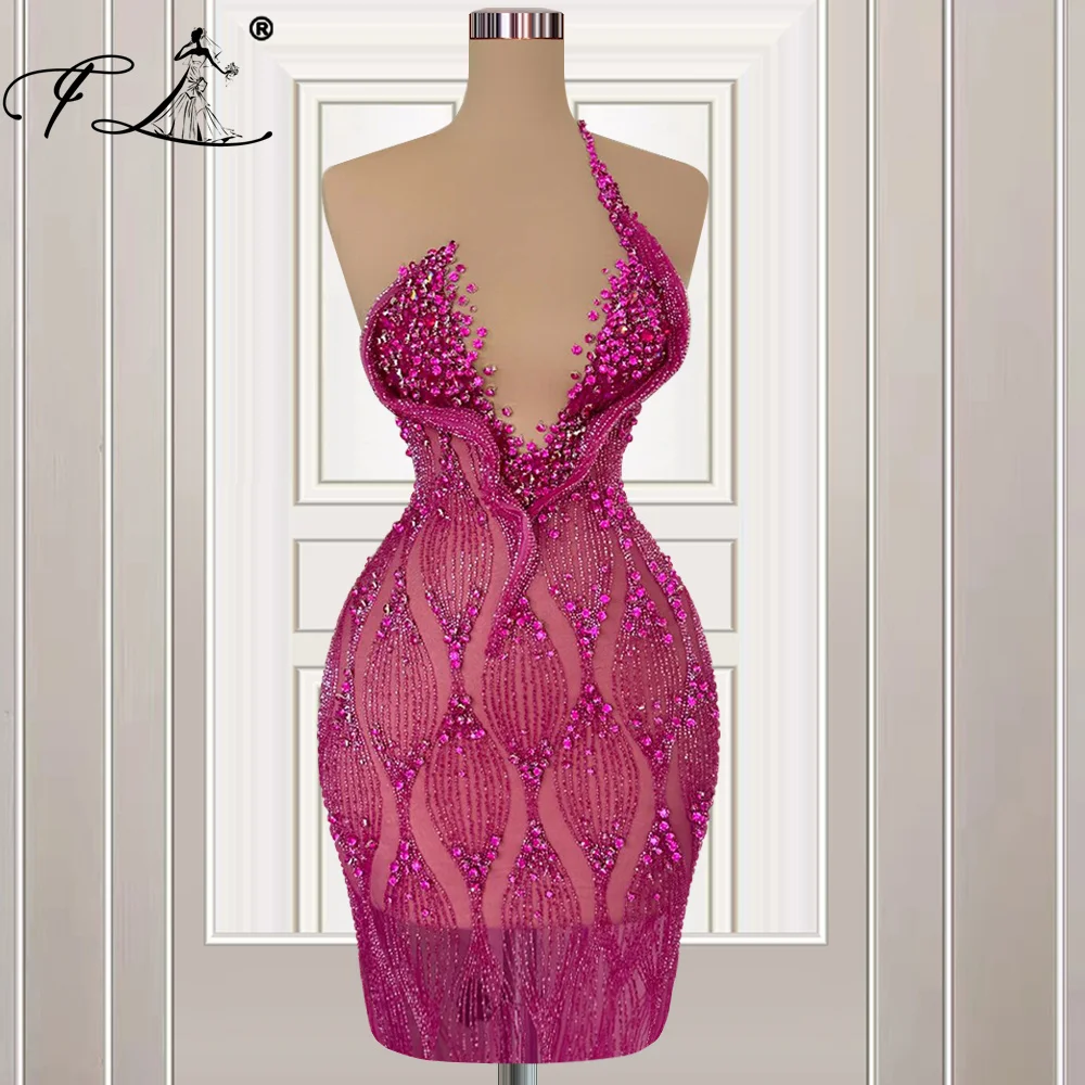 

Fuchsia Beaded Short Cocktail Dresses 2024 Summer Crystals Sparkle Sequins Sheath Fitted Prom Party Gowns Customized