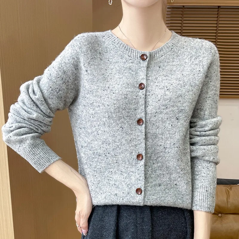 Fashion Temperament 100% Pure Wool Ladies Autumn And Winter New Round Neck Color Loose Cardigan Top B3083001