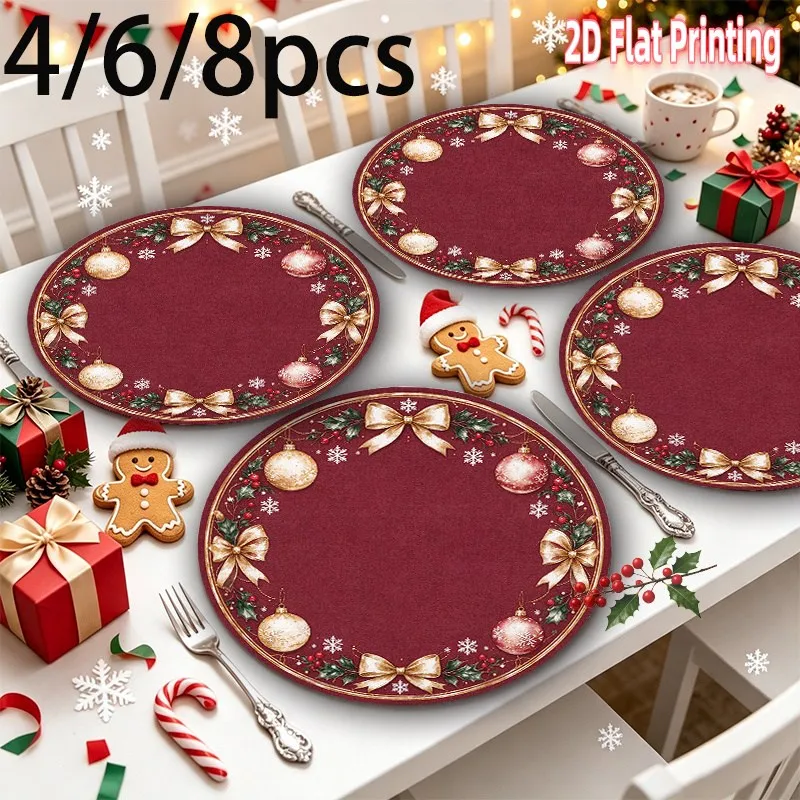 VIKAMA Linen Round Placemat, Burgundy Gold Bow Holly Design, Washable Stain Resistant Easy Clean, Christmas Table