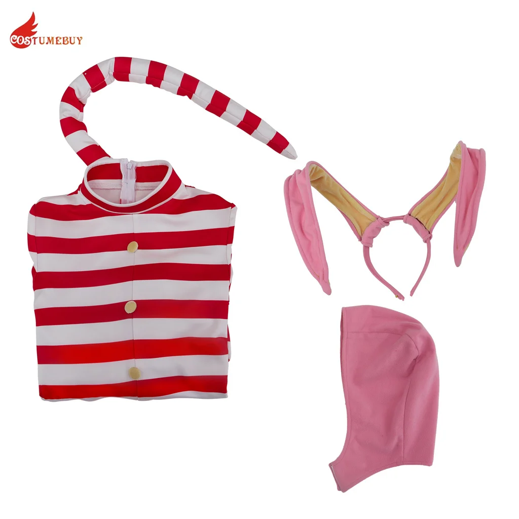 CostumeBuy Popee The Performer Cosplay Costume White and Red Striped Jumpsuit Popee Costume with Bunny Ear and Tail Outfits