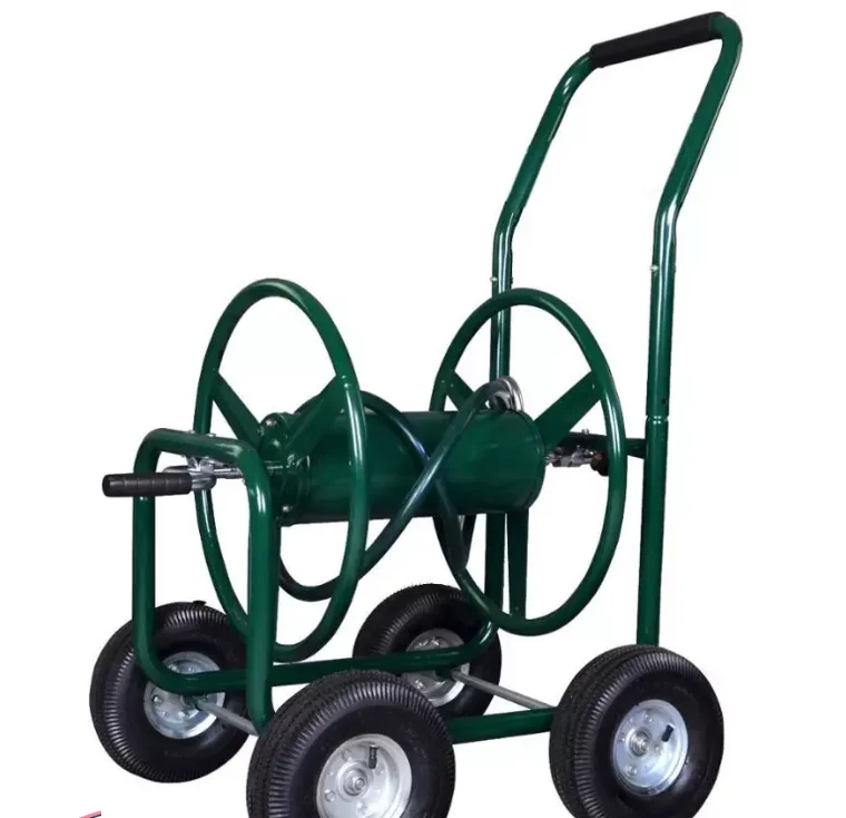 Heavy duty 4-wheel steel garden hose reel truck industrial metal design for outdoor storage and tool use