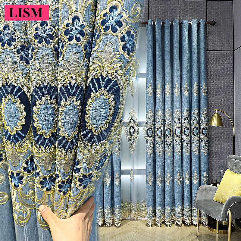 European Chenille Embroidered Jacquard Curtains for Living Room Bedroom Thick Blackout Custom Blue Cloth Window Decor Tulle Set