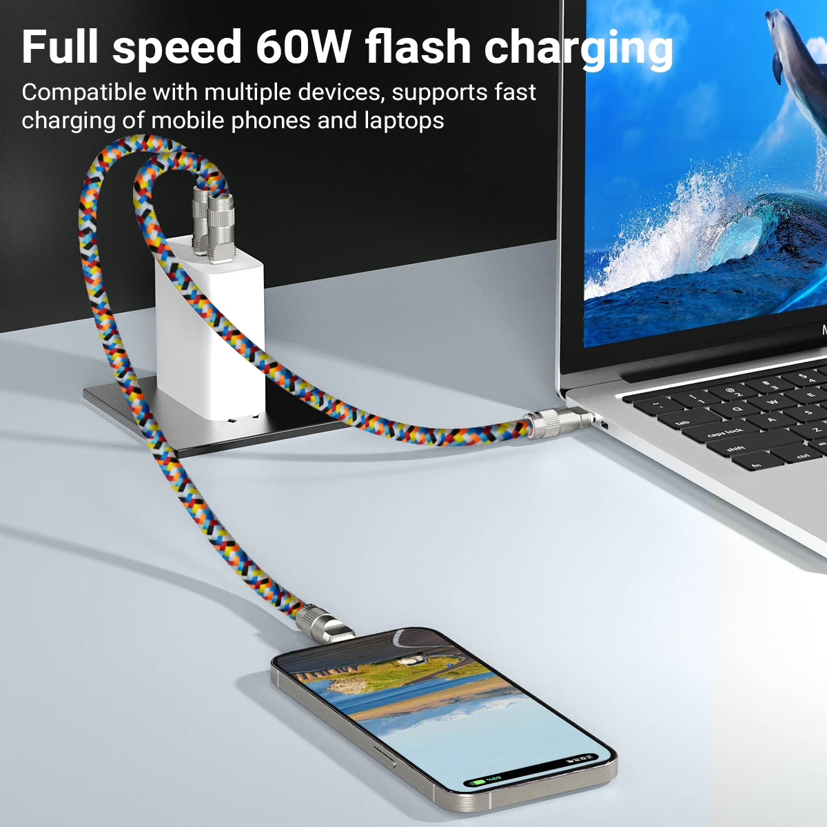 60W USB-C to Type-C Fast Charging Cable With Lanyard, 1.2M/47.24In Color Data Cable Compatible With Mobile Phone and Laptops