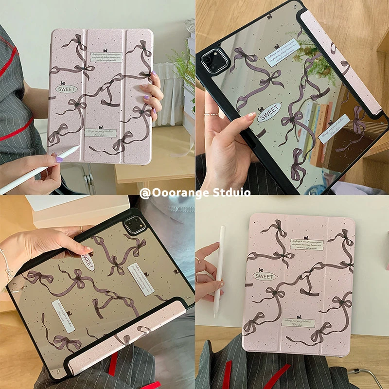 Korea Sweet Purple Bow Ribbon Y2K Mirror Cover For iPad Pro 13 11th M5 M4 12.9 A16 10 8 7 9th 10th Air 11 M2 M3 Mini Tablet Case