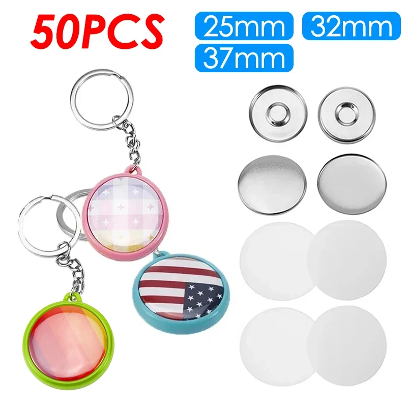 

50pcs/Set 25/32/37mm Double-side Keychain Badge Button Pins Maker DIY Round Badge Pin Parts Key Ring Button Making Material