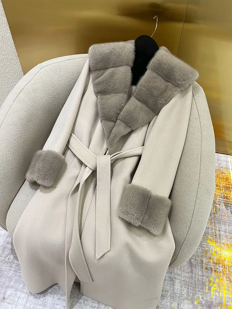 new high-end double-sided cashmere coat  Autumn and winter women's medium and long mink collar thin wool woolen coat