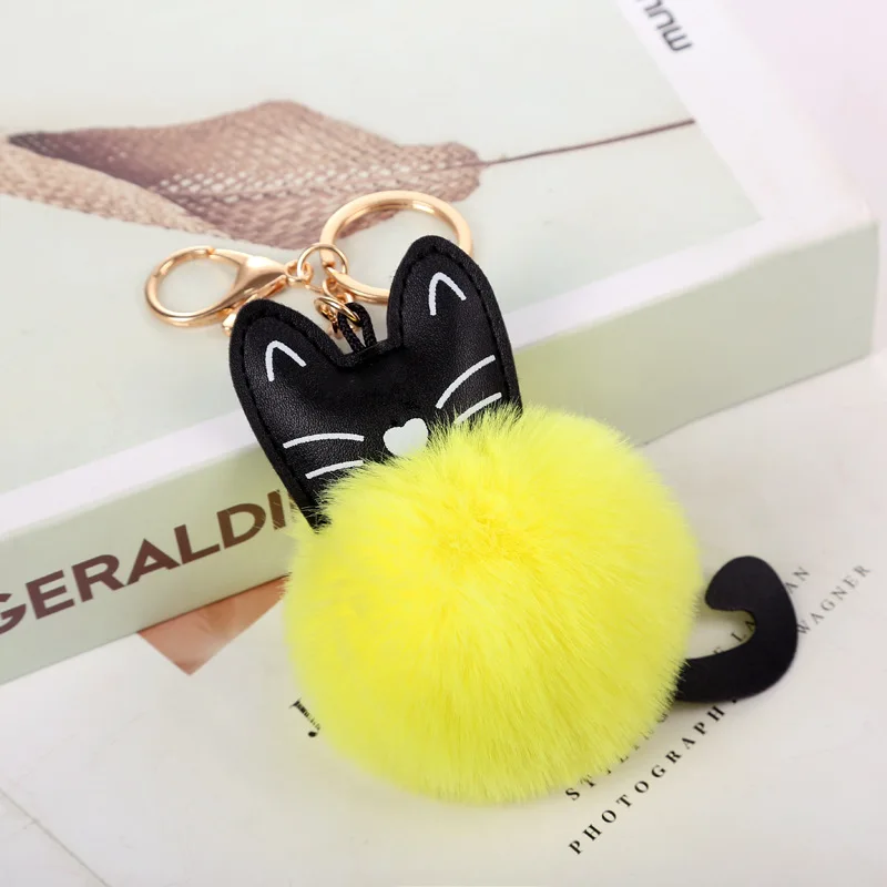 Cute Fur Ball Keychain Cat Soft Pompom Animal Tail Hair Ball Car Keychain Ladies Car Bag Accessories Key Ring Mom Gift