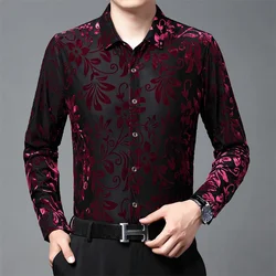 Fall Red Long Sleeve Slim Fit Sexy Transparent Shirt Men Camisa Hombre Flower Print Velvet Shirt Club Party Chemise Homme