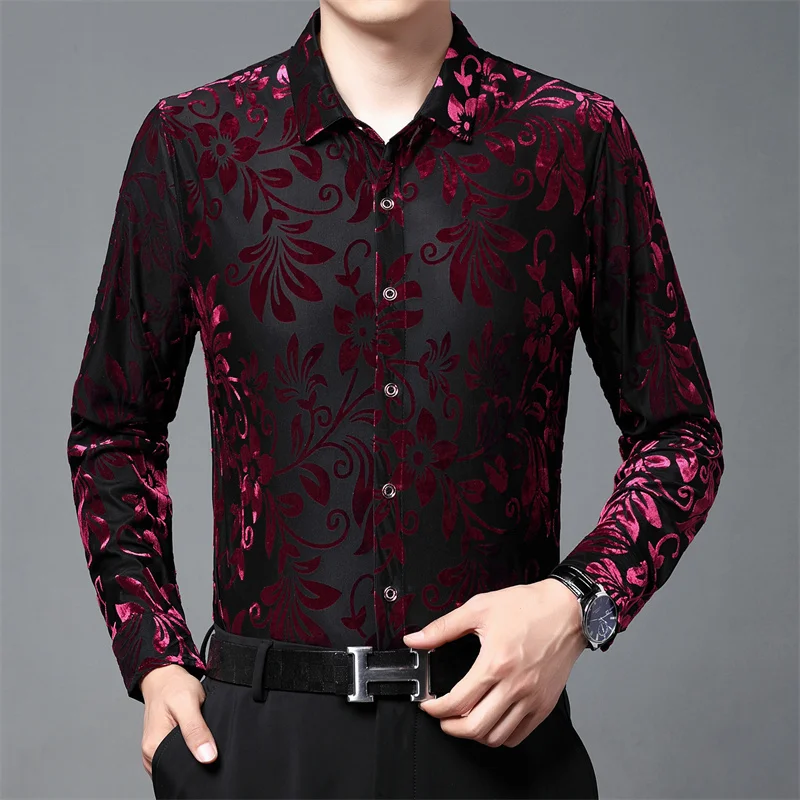 Fall Red Long Sleeve Slim Fit Sexy Transparent Shirt Men Camisa Hombre Flower Print Velvet Shirt Club Party Chemise Homme