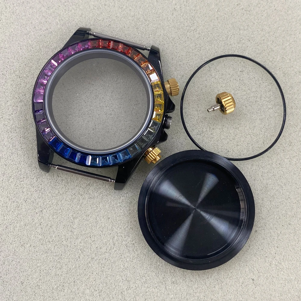 

PVD Black Watch Case 39mm Stainless Steel Sapphire Glass Case for VK63 Movement Watch Case Blue Colorful Crystal Watch Bezel